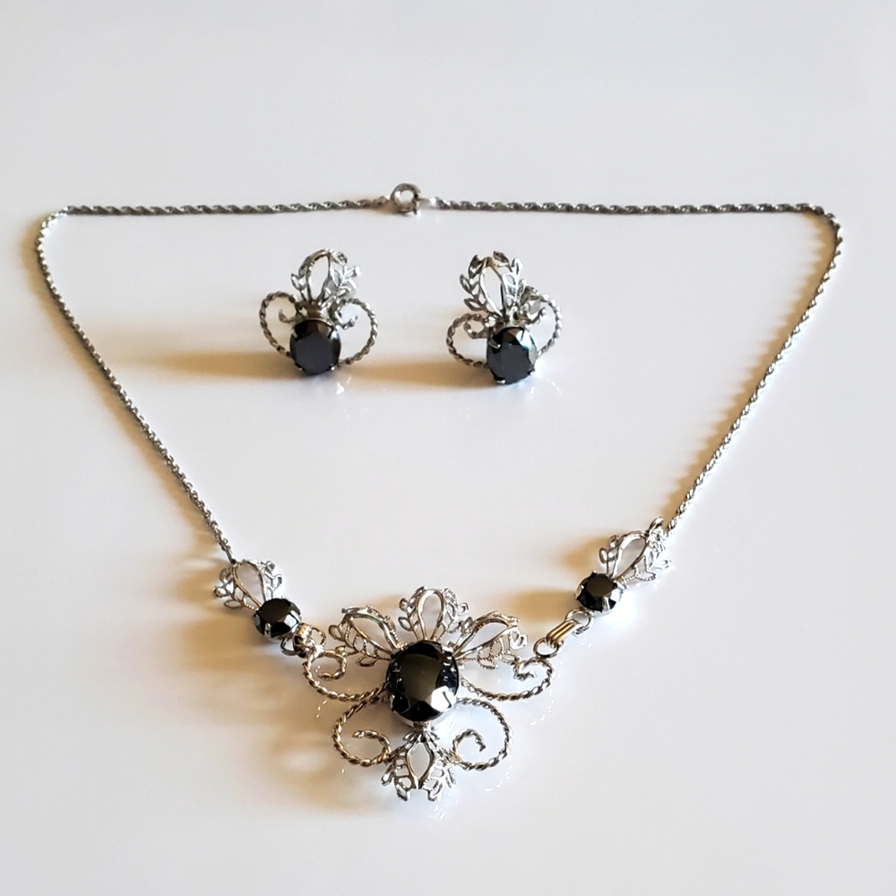 Vtg. Titan AB Black Crystals Necklace & Earrings Set